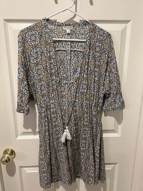 EARTHBOUND Mustard & Navy Medallion V-Neck Midi Dress with Tassel